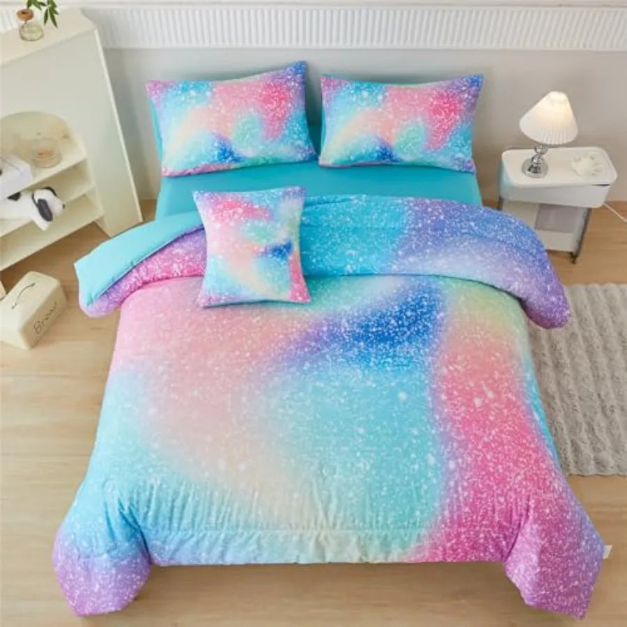 Girls Comforter Set Ombre Galaxy Glitter Bedding 6 Piece