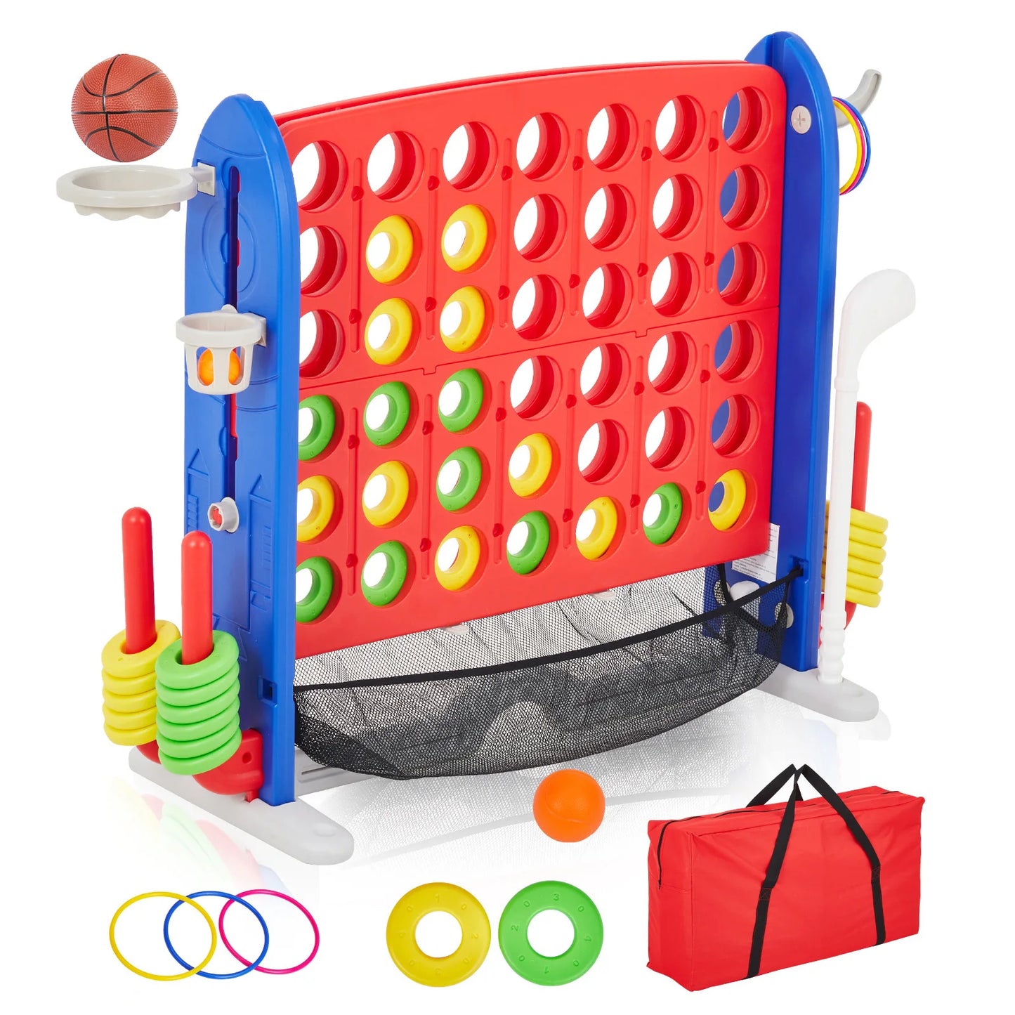 Adjustable Outdoor Game Set With Basketball Hoop And Ring Toss
