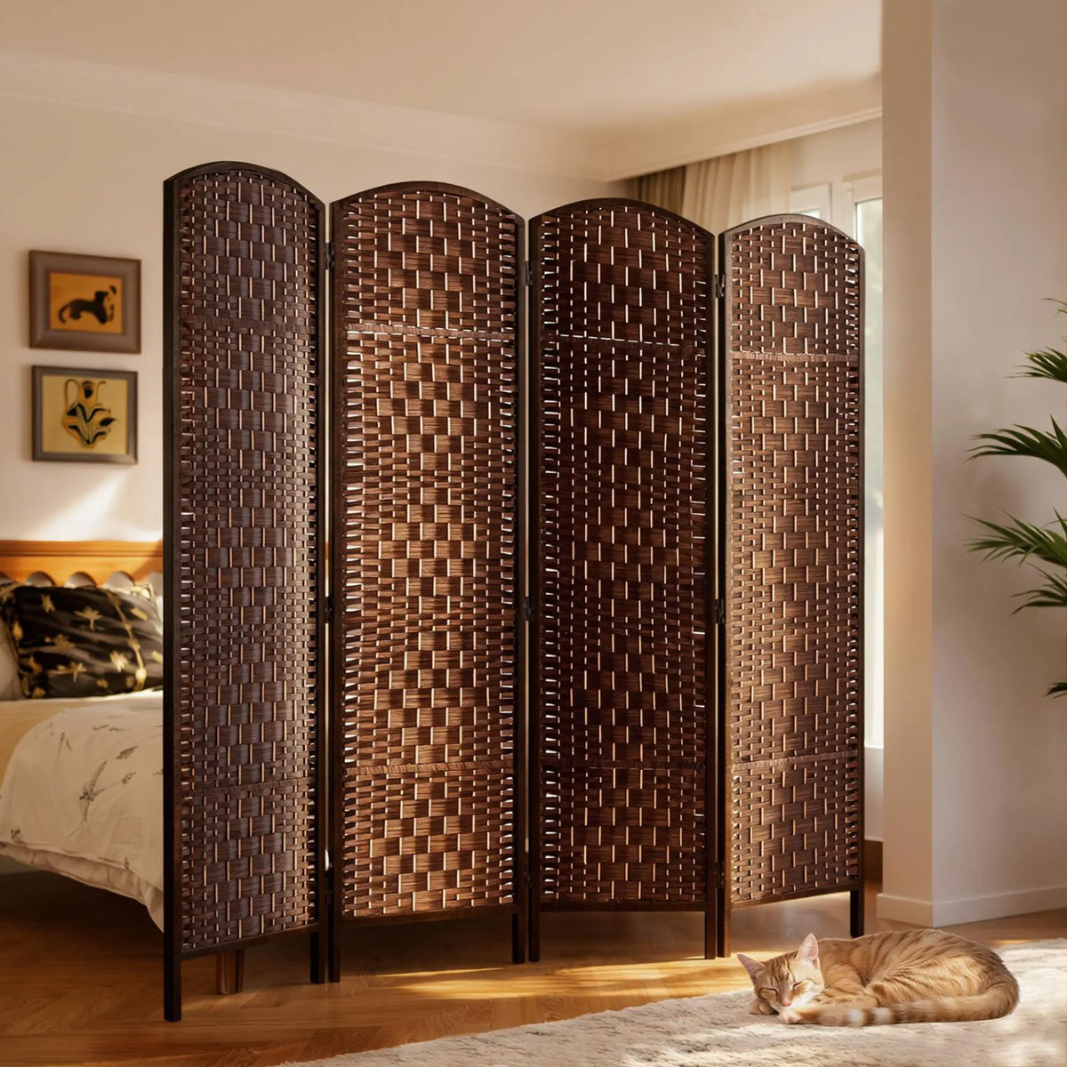 HOMCOM Handwoven Folding Room Divider Privacy Screen With Rotating Panels