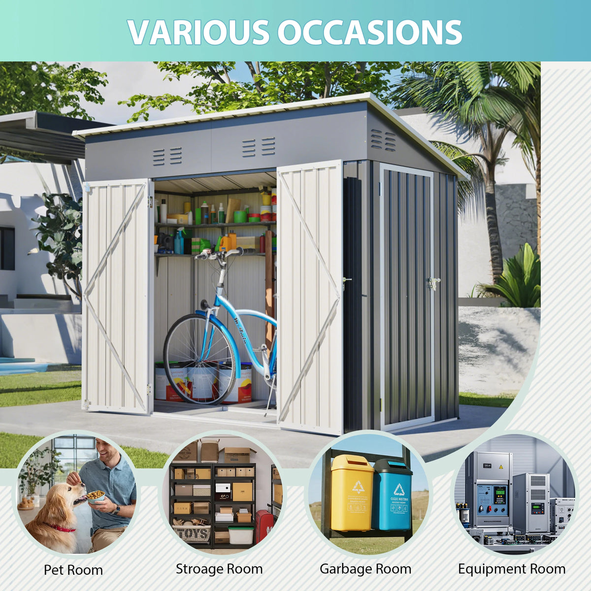 GIHAUVIA Galvanized Steel Outdoor Storage Shed with Double Front Doors