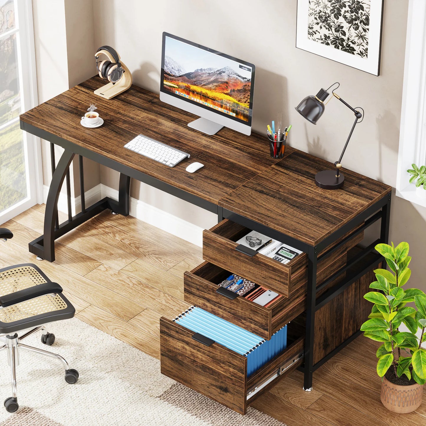 Tribesigns Wood Computer Desk With Three Storage Drawers Workstation