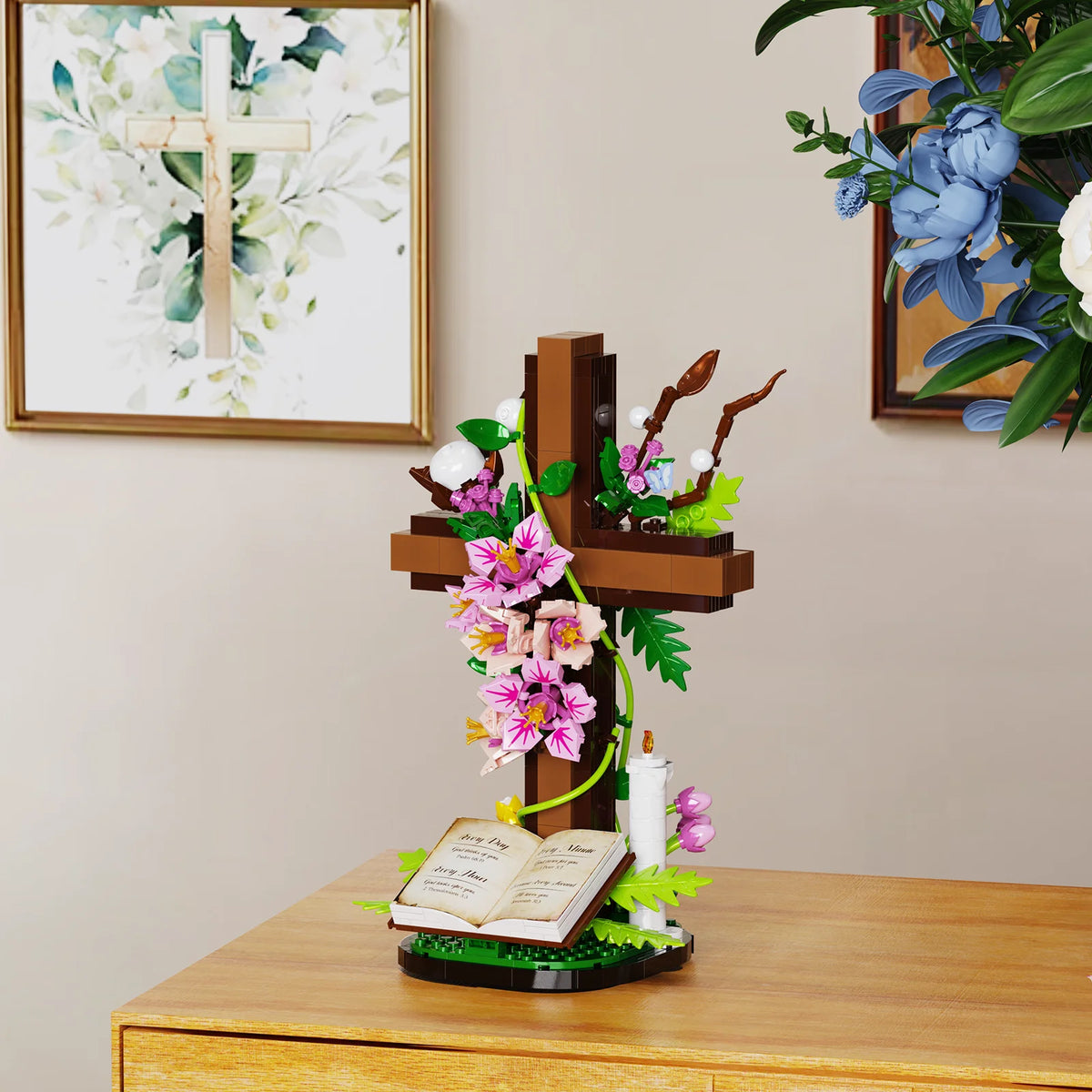 BuildMoc Jesus Cross Flower Building Set Religious Blocks Christian Gift