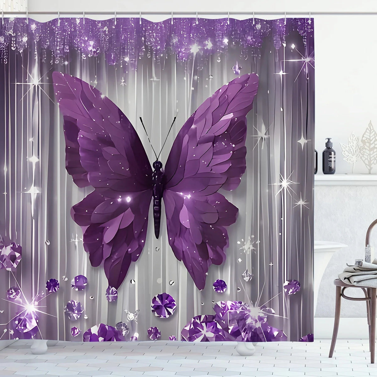 Butterfly Bathroom Set With Shower Curtain And Toilet Cover