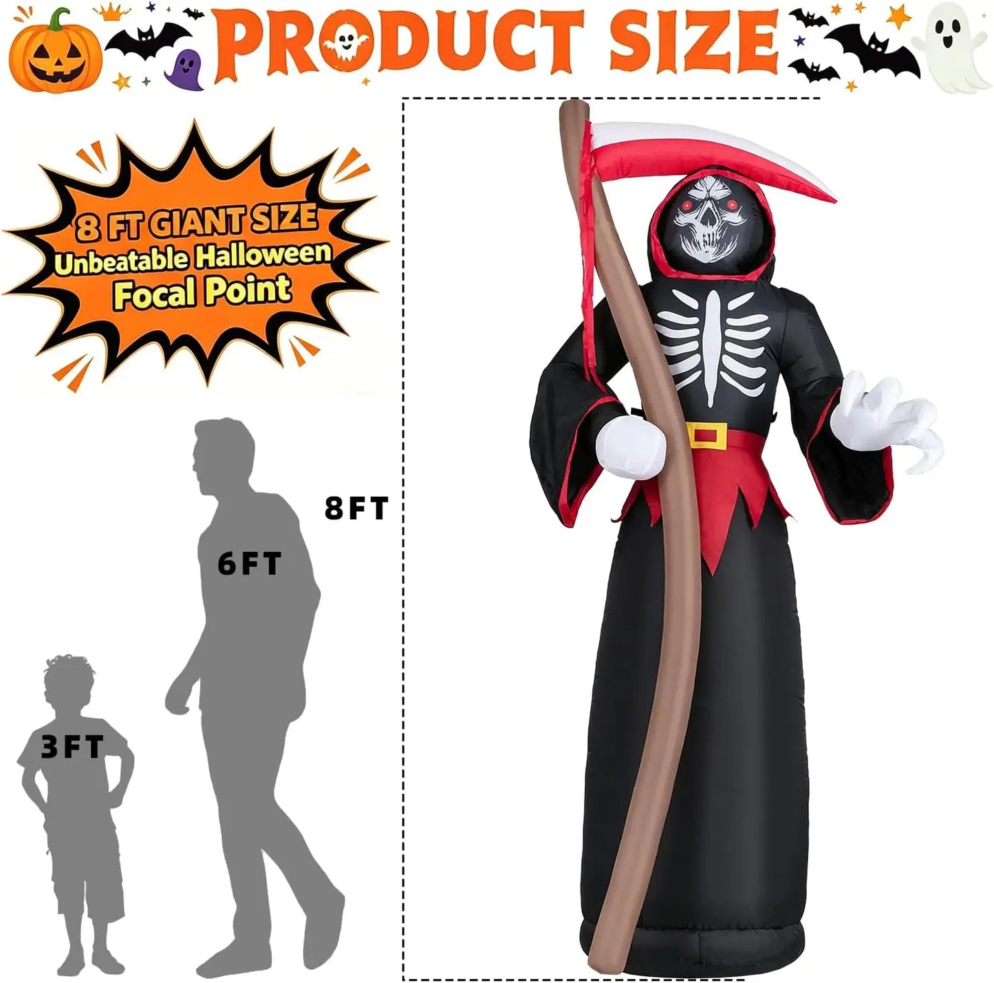 Giant 8FT High Concerned Halloween Outdoor Grim Reaper Yard Inflation