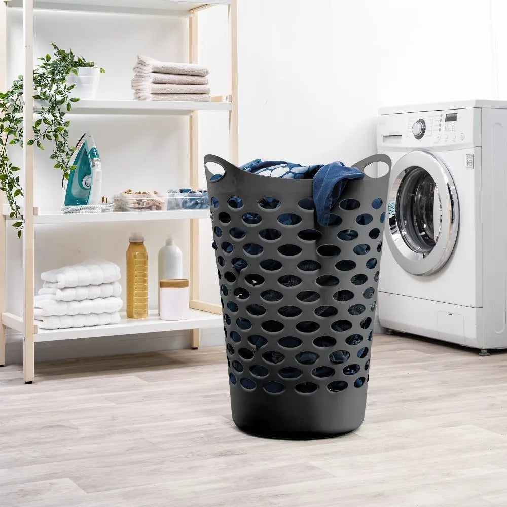 Round Portable Plastic Laundry Hamper With Sturdy Handles And Storage