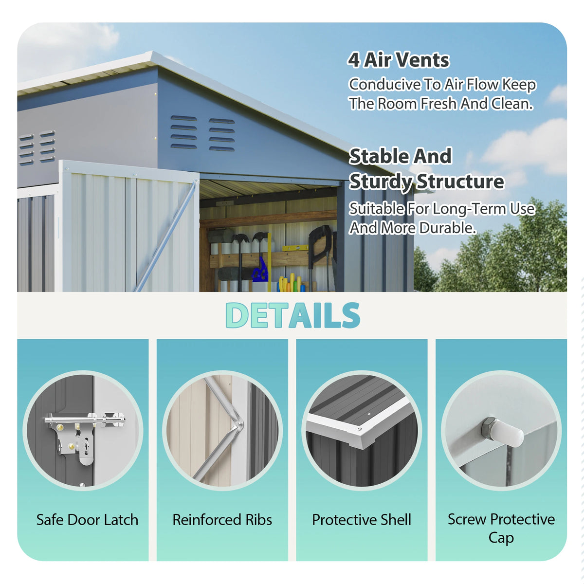GIHAUVIA Galvanized Steel Outdoor Storage Shed with Double Front Doors