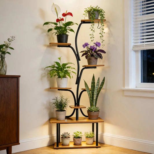 Metal Tree Shaped Corner Plant Stand With Wooden Display Shelves