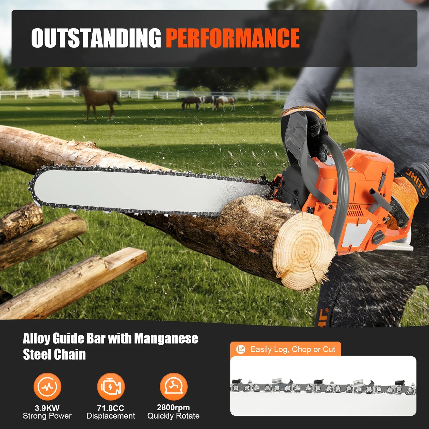 Bymaocar 71.8CC Gas Chainsaw Heavy Duty Petrol Wood Cutter