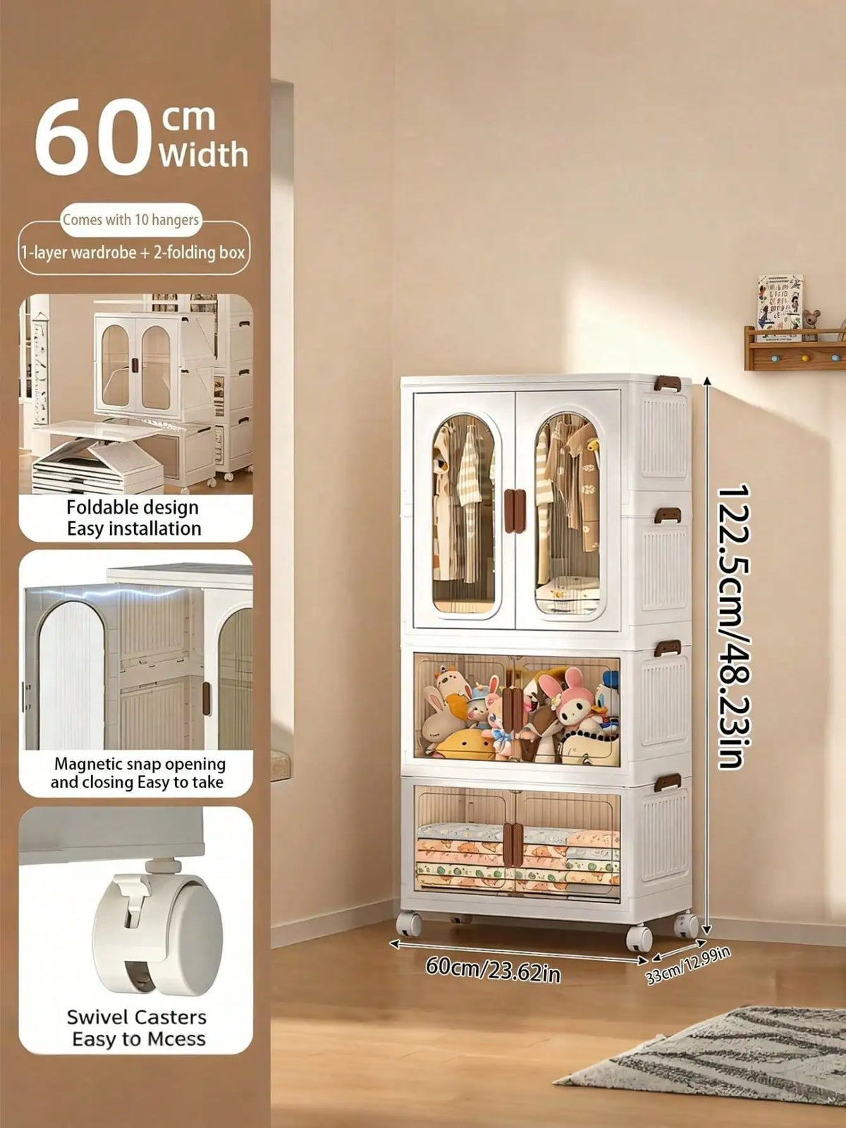 Stackable Plastic Foldable Wardrobe With Clear Doors And Wheels