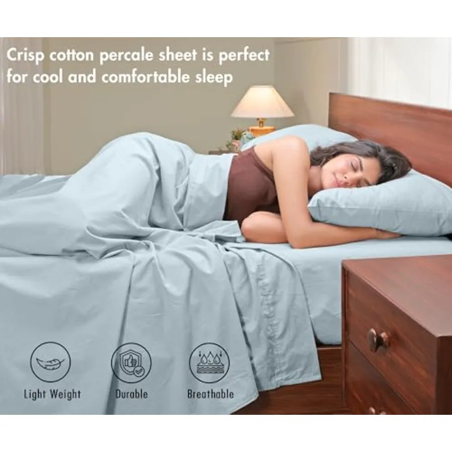 Cotton Percale Bed Sheets With Breathable Cooling And Deep Pockets Embroidered