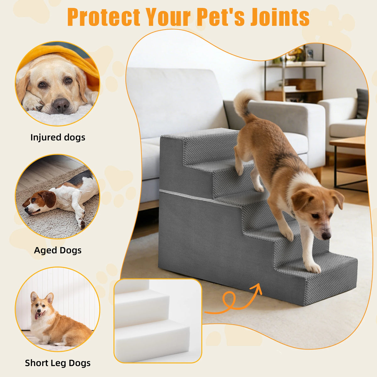 Premium Curved Foam Dog Stair Ramp Featuring Non Slip Steps