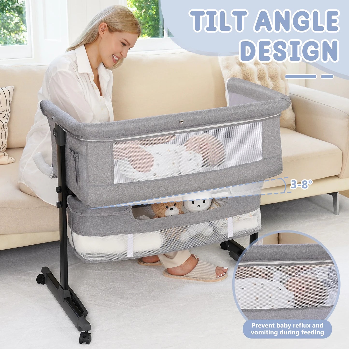 Baby Bedside Bassinet 3In1 Crib With Portable Folding Headboard