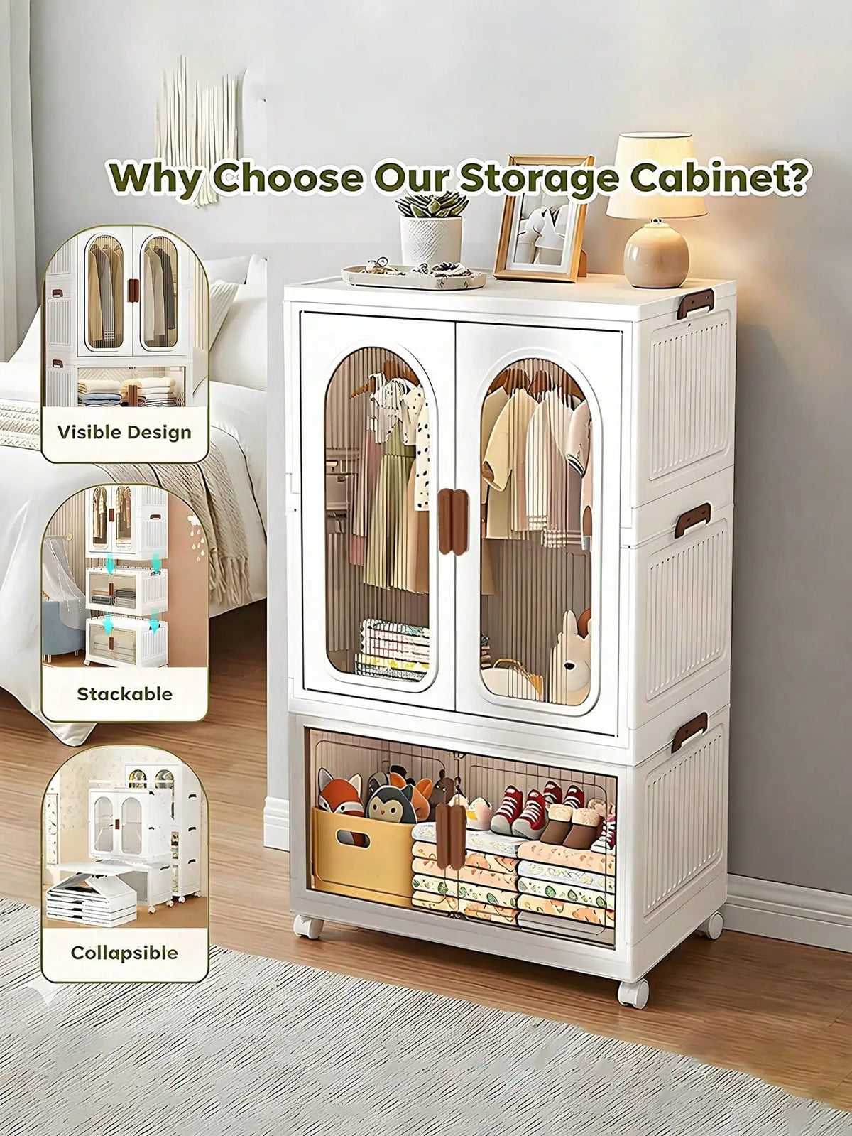 Stackable Plastic Foldable Wardrobe With Clear Doors And Wheels