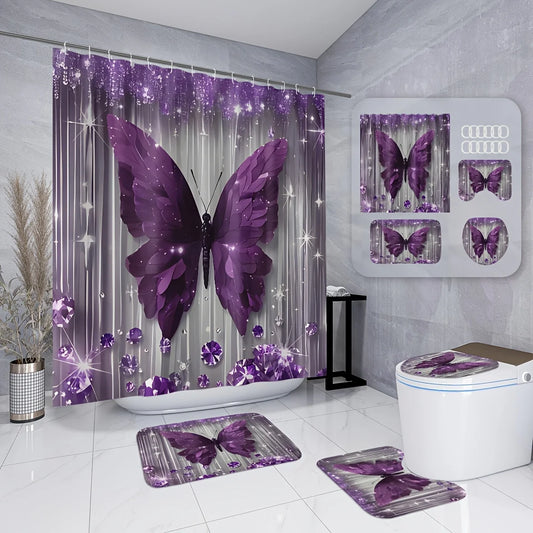 Butterfly Bathroom Set With Shower Curtain And Toilet Cover