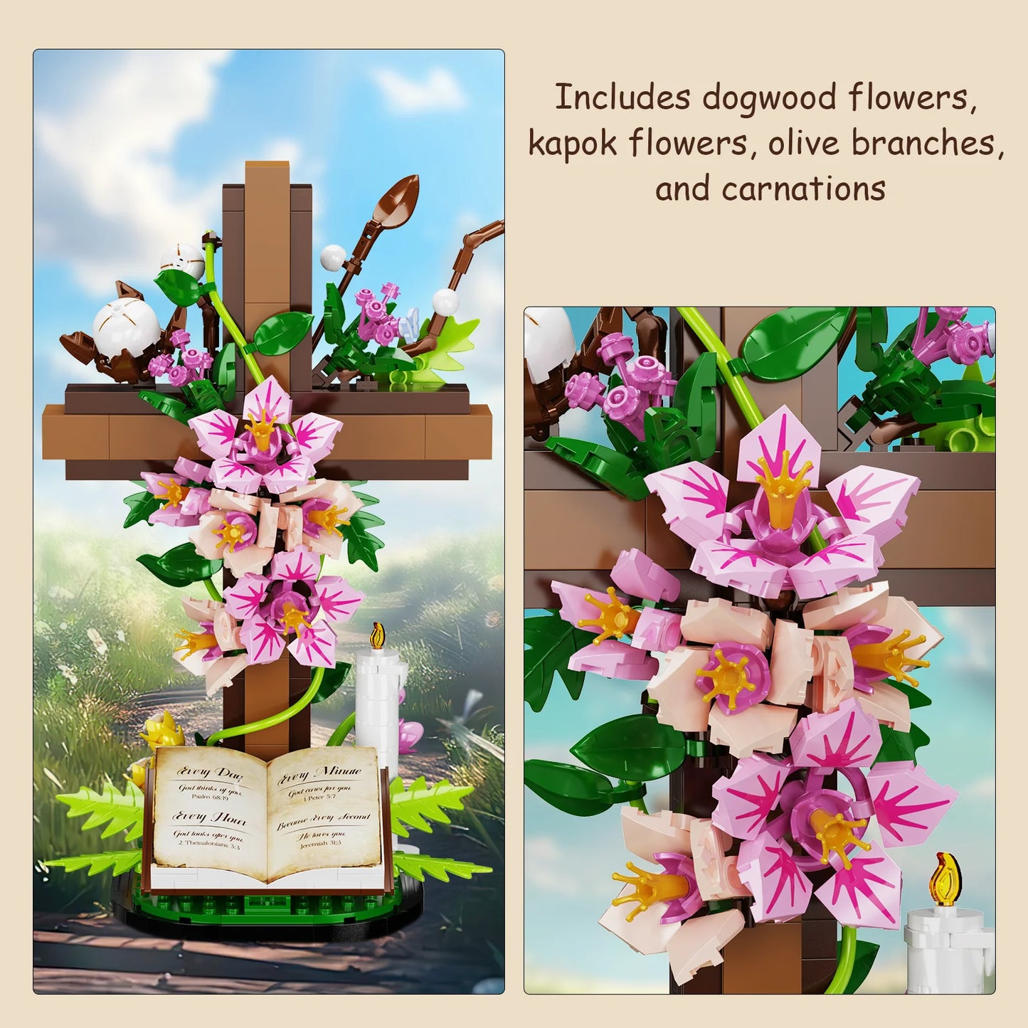 BuildMoc Jesus Cross Flower Building Set Religious Blocks Christian Gift