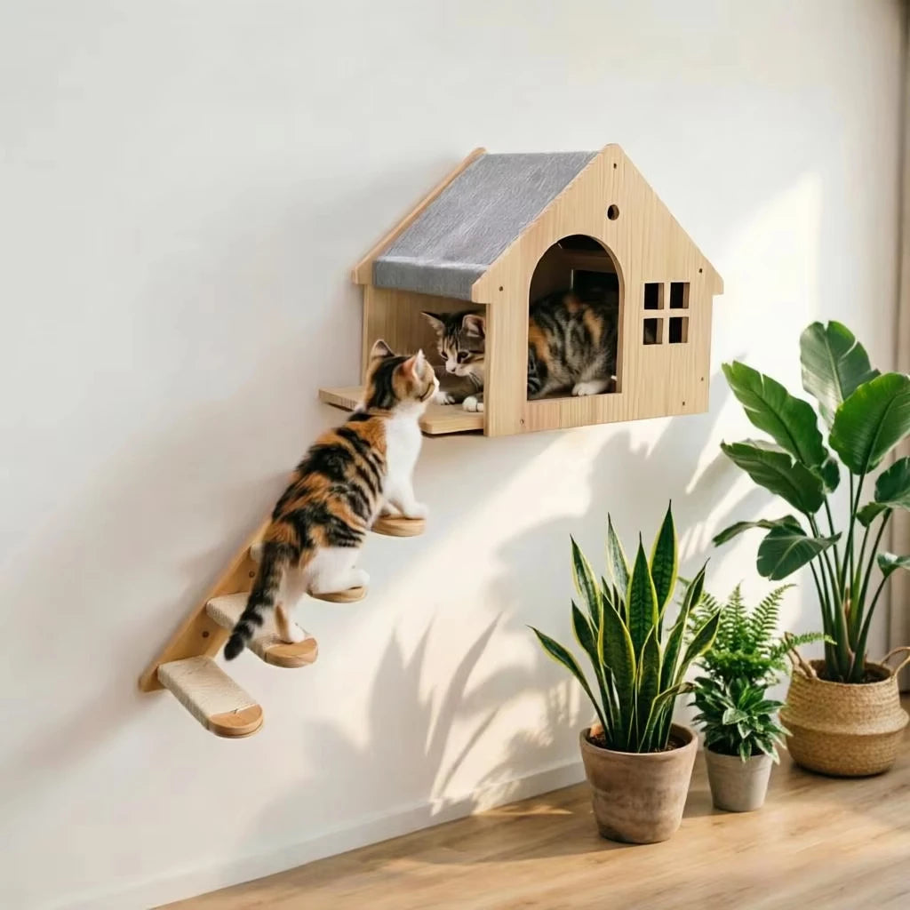 Wall Mounted Cat Condo Villa Wooden Cat Shelf For Sleeping