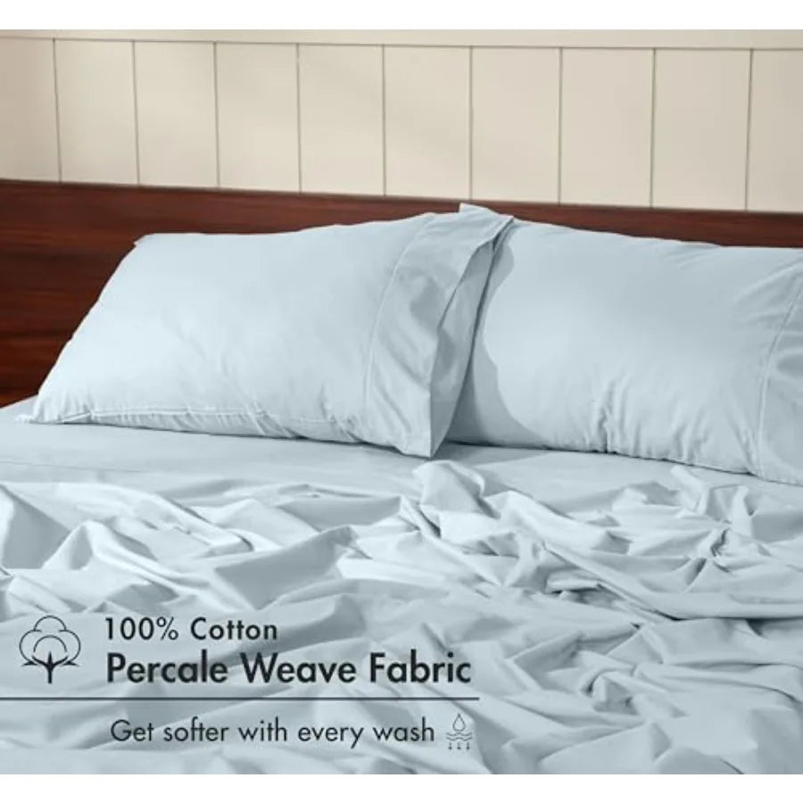 Cotton Percale Bed Sheets With Breathable Cooling And Deep Pockets Embroidered