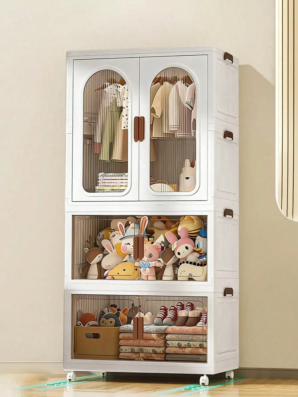 Stackable Plastic Foldable Wardrobe With Clear Doors And Wheels