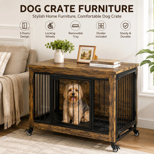 ANIXOL Wooden Dog Crate Furniture with Locking Doors and Tray
