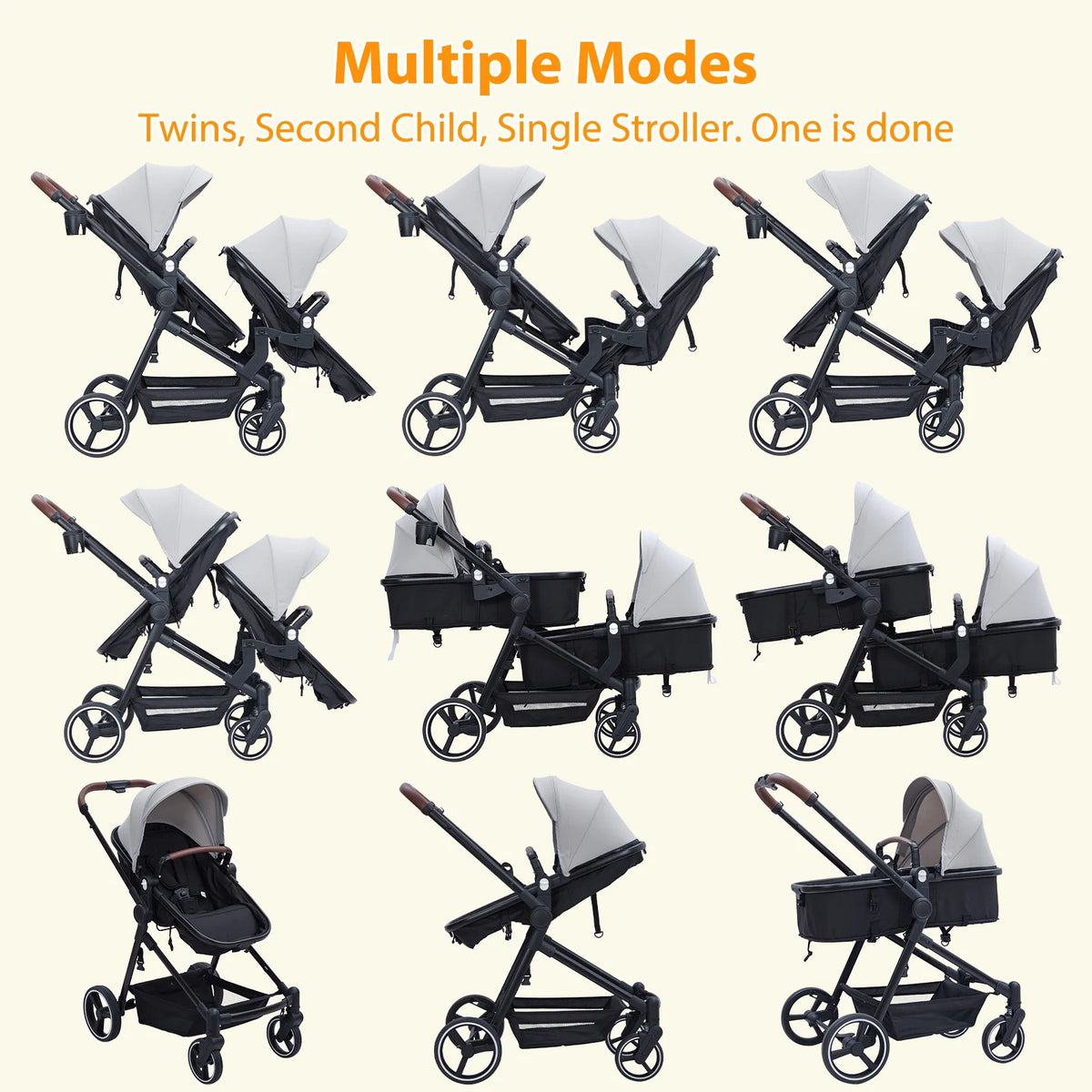Adjustable Tandem Double Stroller With Reversible Infant And Toddler Seats