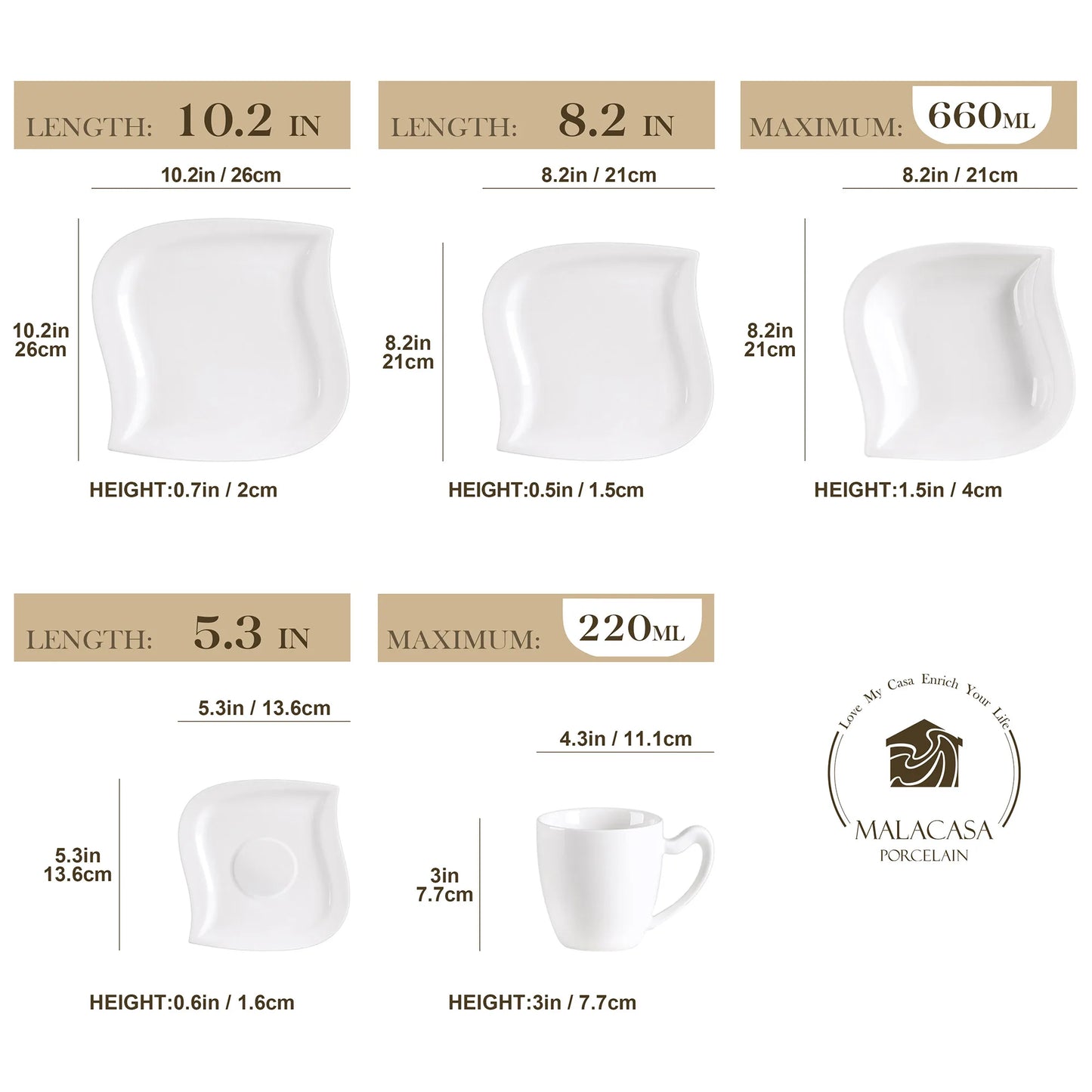 MALACASA White Porcelain Dinner Set With Cups And Saucers Serves 6 Or 12