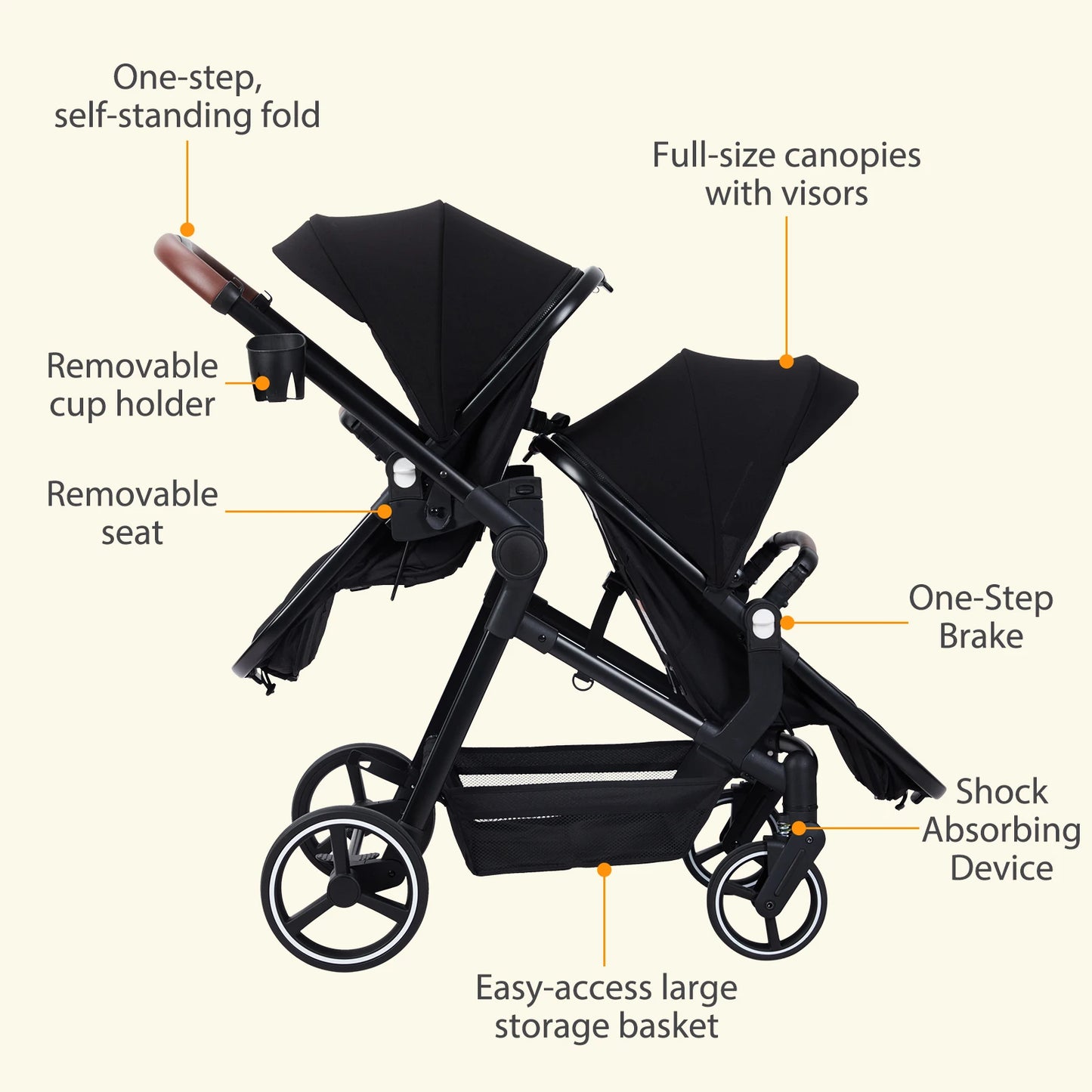 Adjustable Tandem Double Stroller With Reversible Infant And Toddler Seats