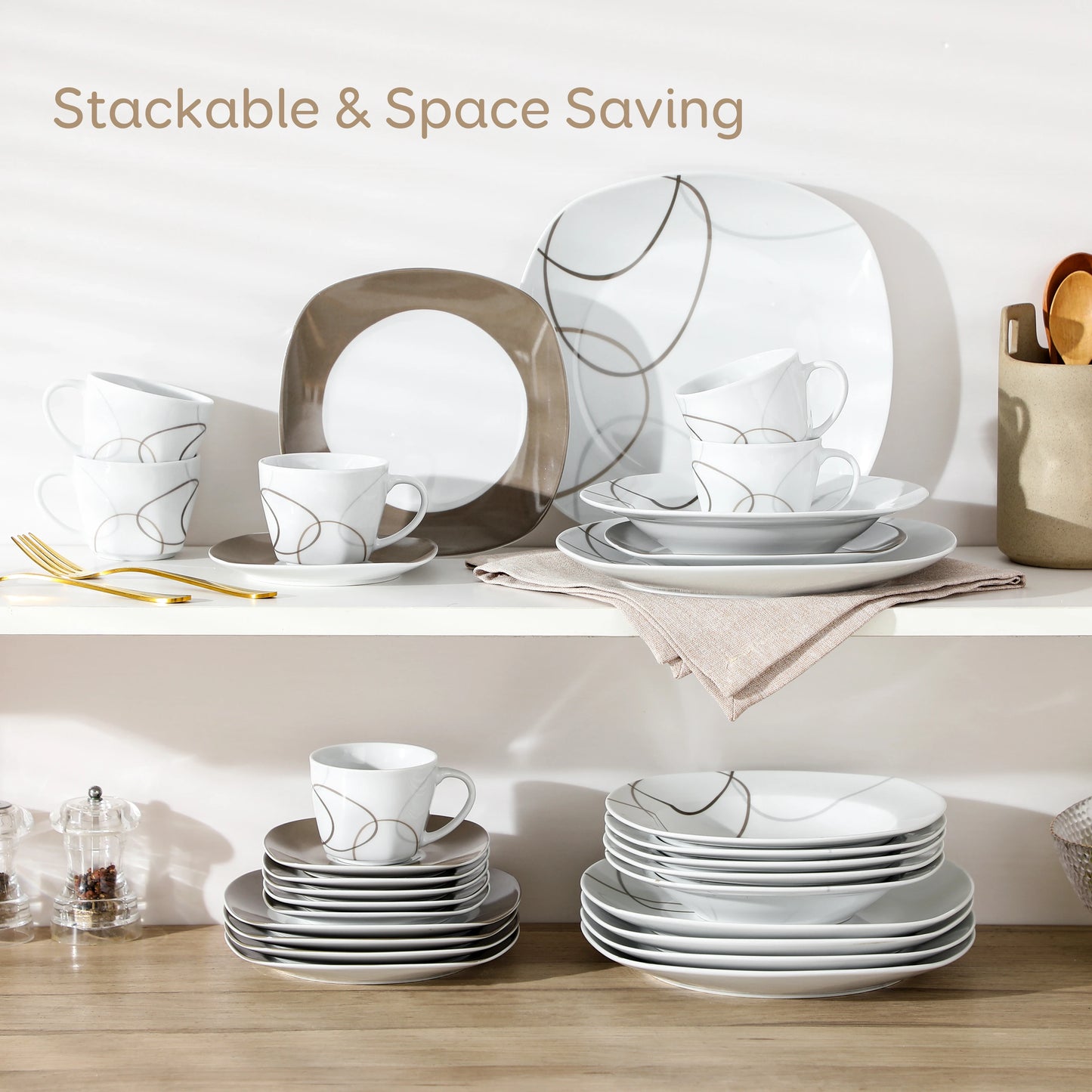 MALACASA Porcelain Dinnerware Set Plates Cups Saucers