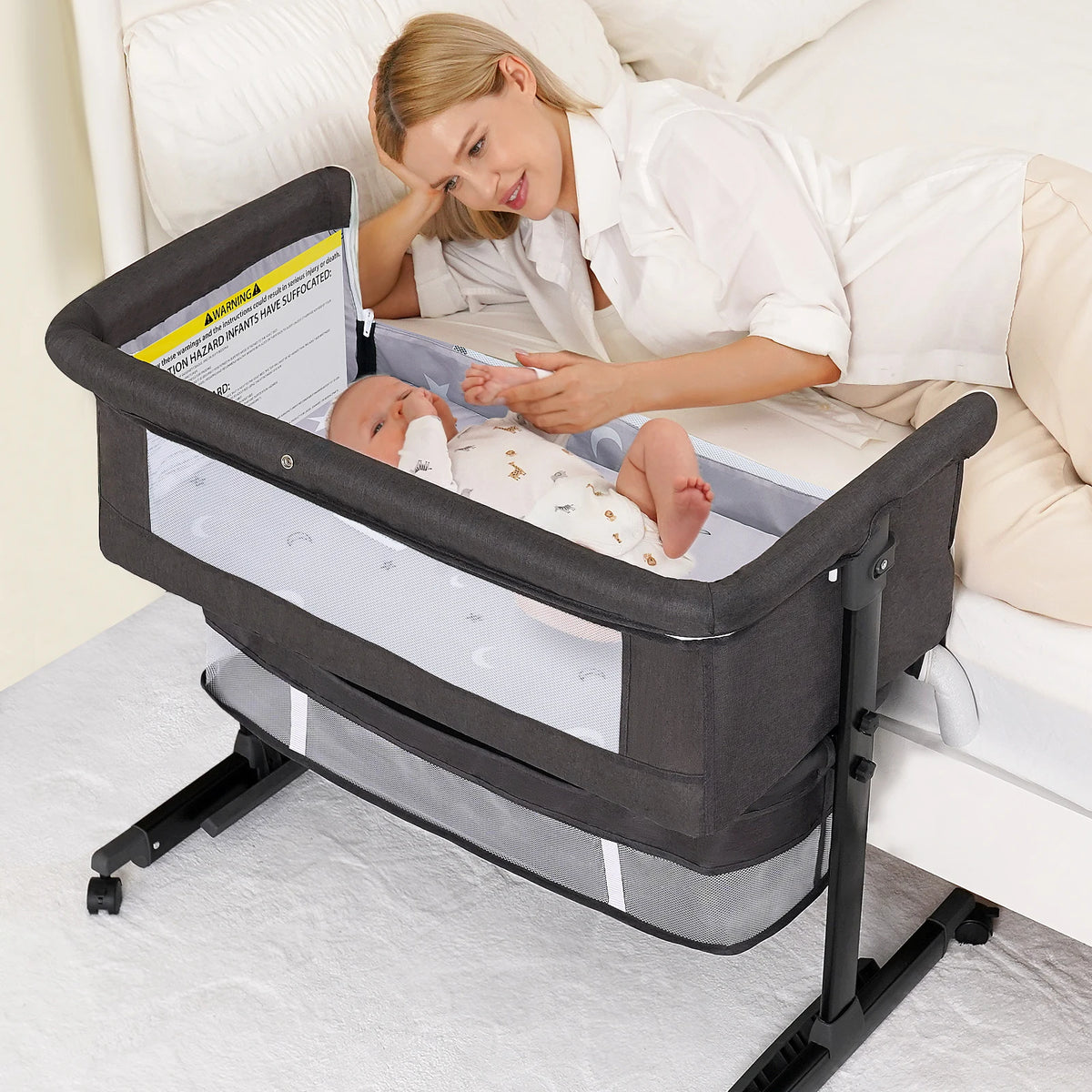 Baby Bedside Bassinet 3In1 Crib With Portable Folding Headboard