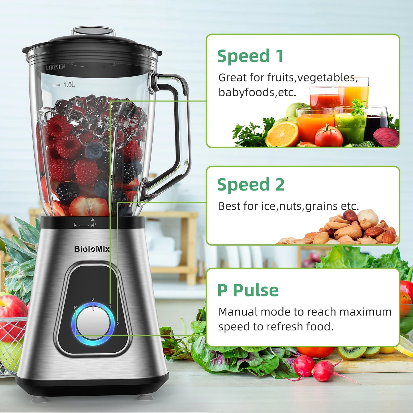 Biolomix 1300W Smoothie Blender With Glass Jar And Ice Crushing