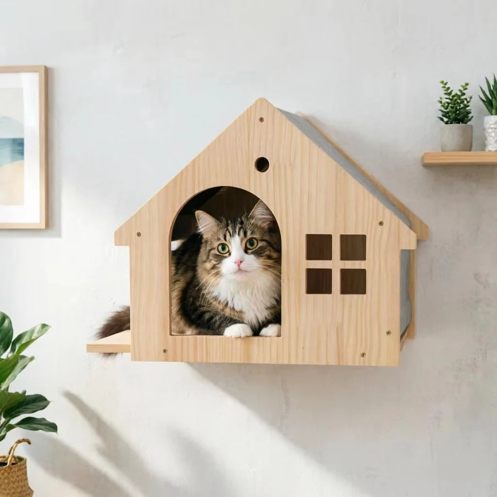 Wall Mounted Cat Condo Villa Wooden Cat Shelf For Sleeping