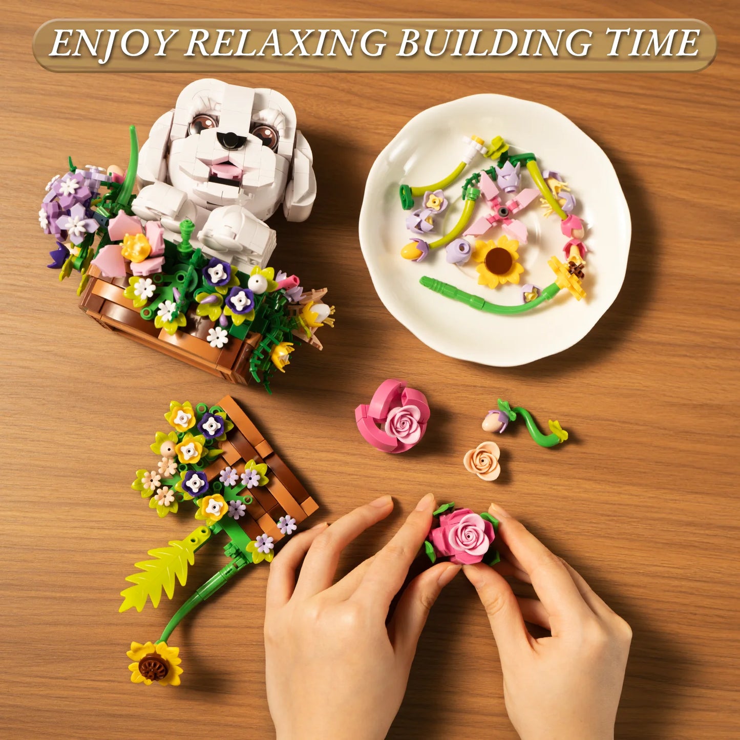 BuildMoc Adorable Dogs Bouquet Succulent Building Blocks Set For Kids