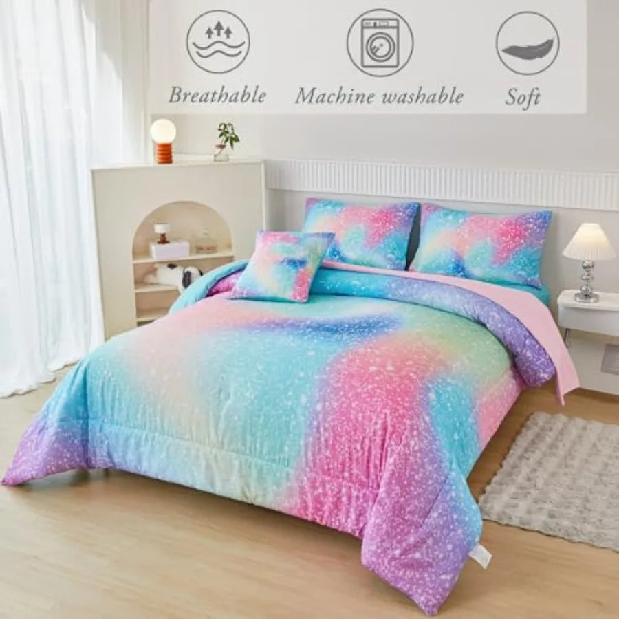 Girls Comforter Set Ombre Galaxy Glitter Bedding 6 Piece
