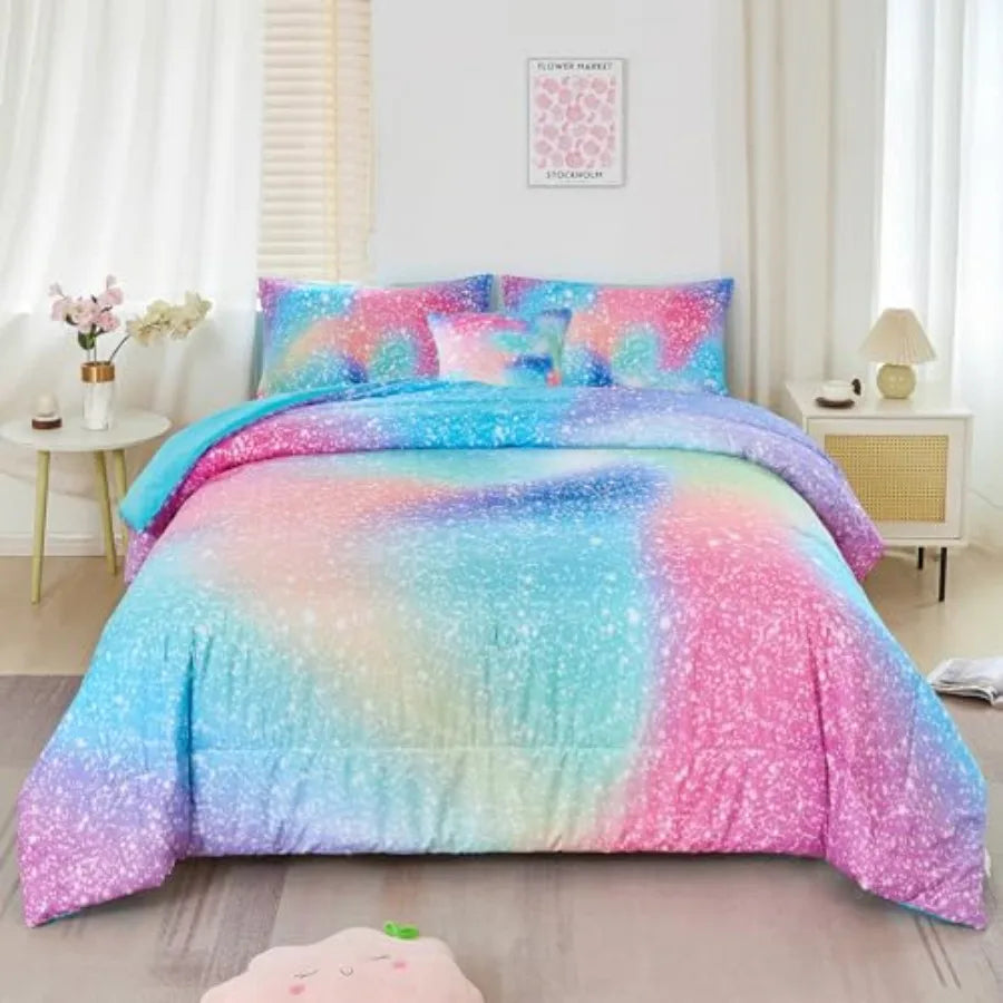 Girls Comforter Set Ombre Galaxy Glitter Bedding 6 Piece