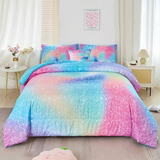 Girls Comforter Set Ombre Galaxy Glitter Bedding 6 Piece
