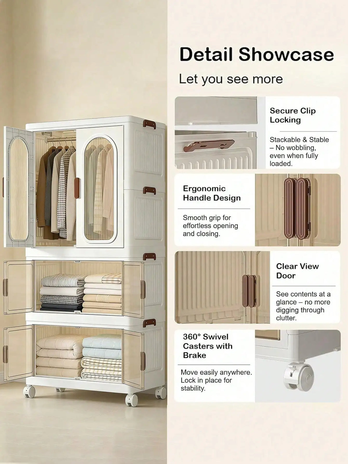 Stackable Plastic Foldable Wardrobe With Clear Doors And Wheels