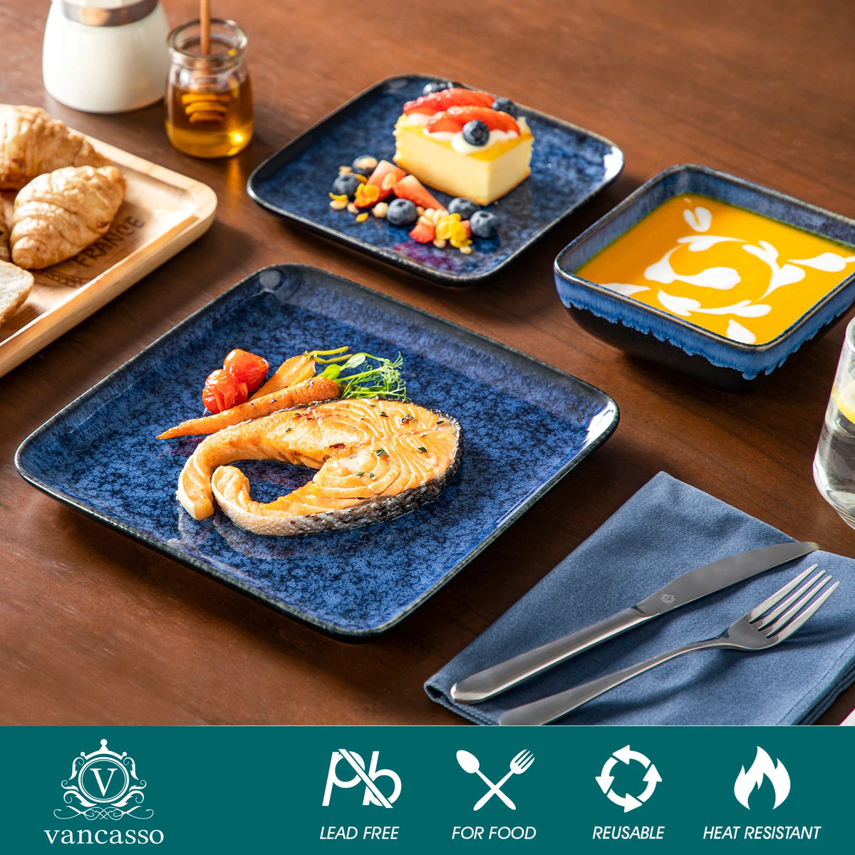 Vancasso Ceramic Dinnerware Set With Reactive Glaze Square Plates