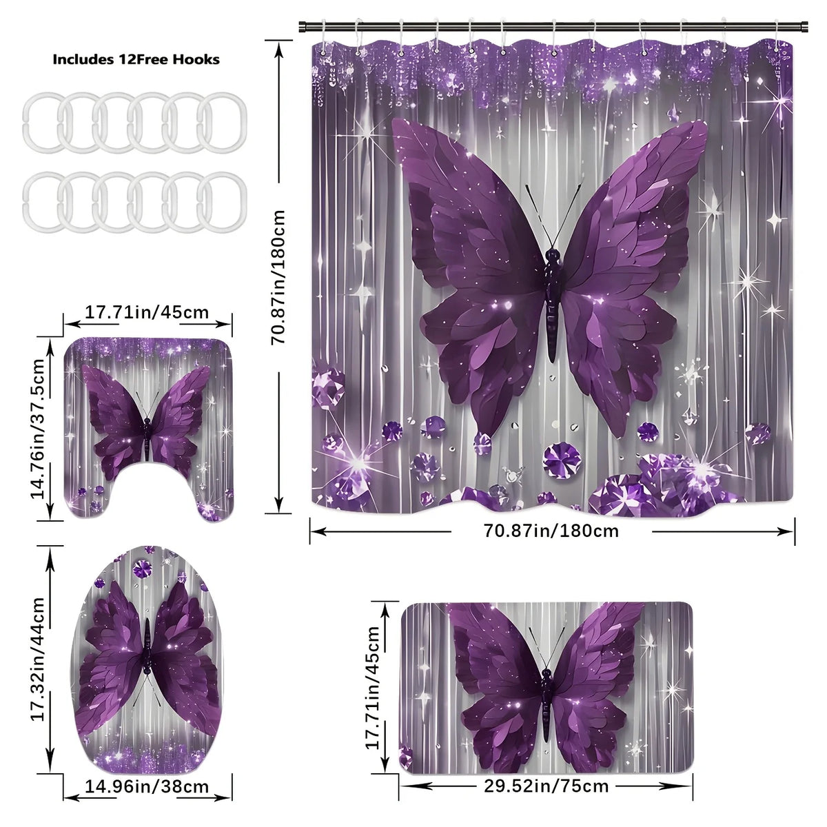 Butterfly Bathroom Set With Shower Curtain And Toilet Cover