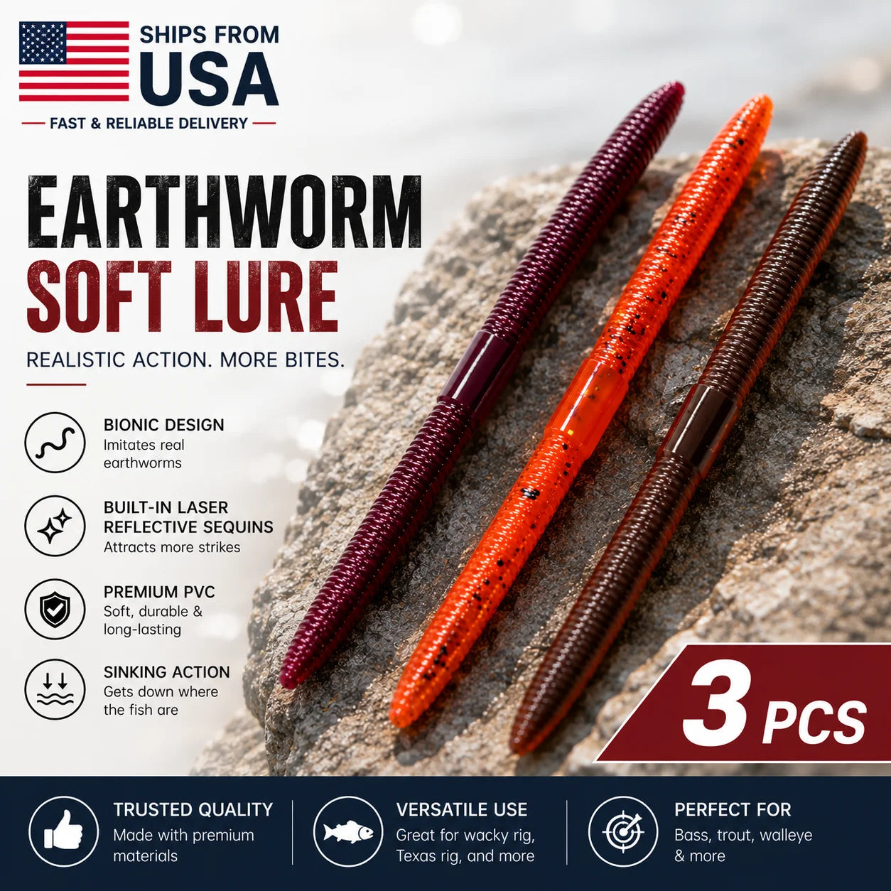 Kingdom Earthworm Soft Sinking Fishing Lures For Bass