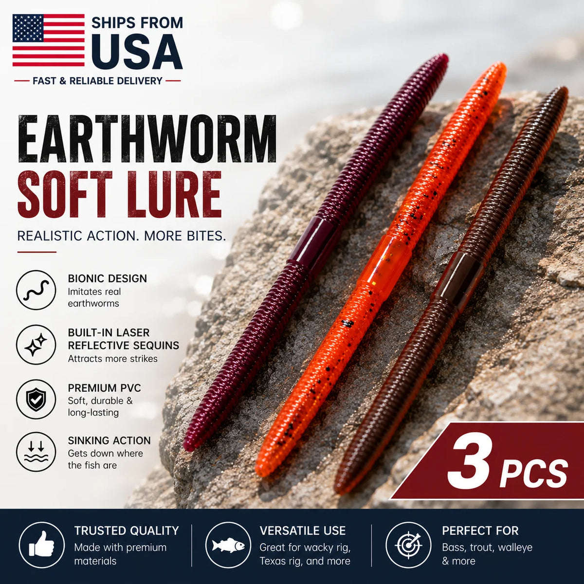 Kingdom Earthworm Sinking Soft Fishing Lures For Bass
