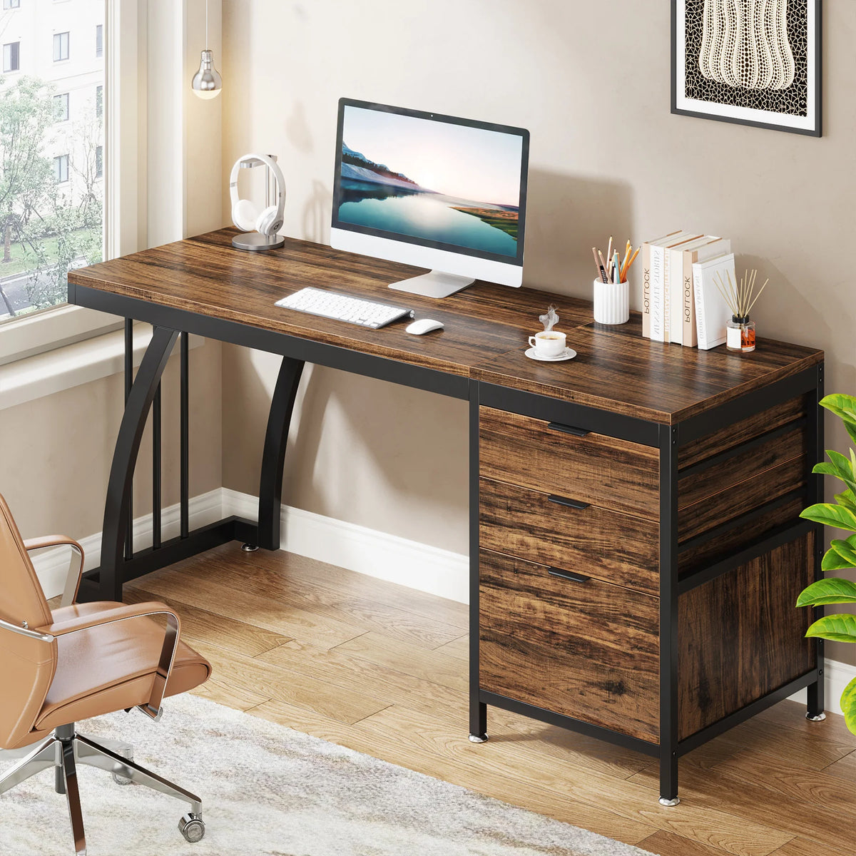 Tribesigns Wood Computer Desk With Three Storage Drawers Workstation