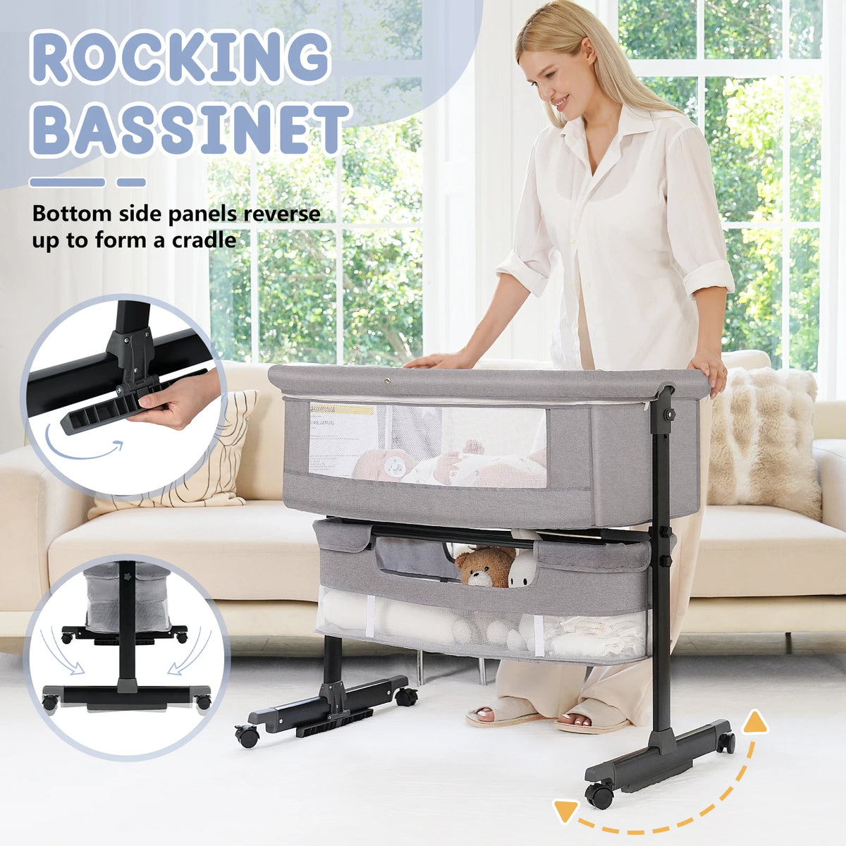 Baby Bedside Bassinet 3In1 Crib With Portable Folding Headboard