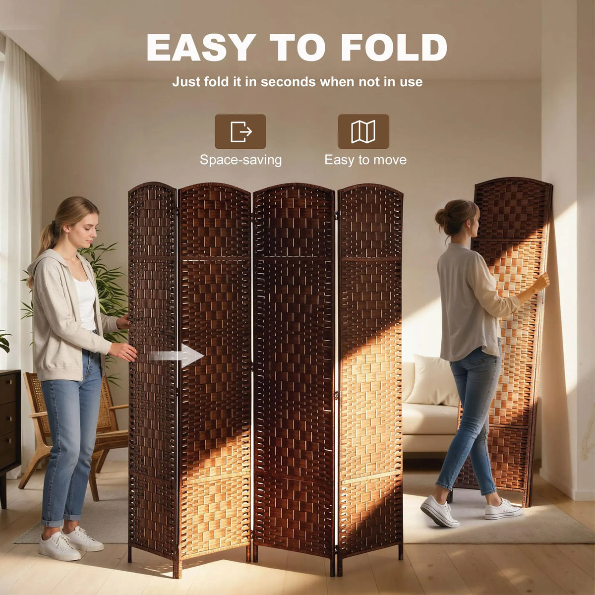 HOMCOM Handwoven Folding Room Divider Privacy Screen With Rotating Panels