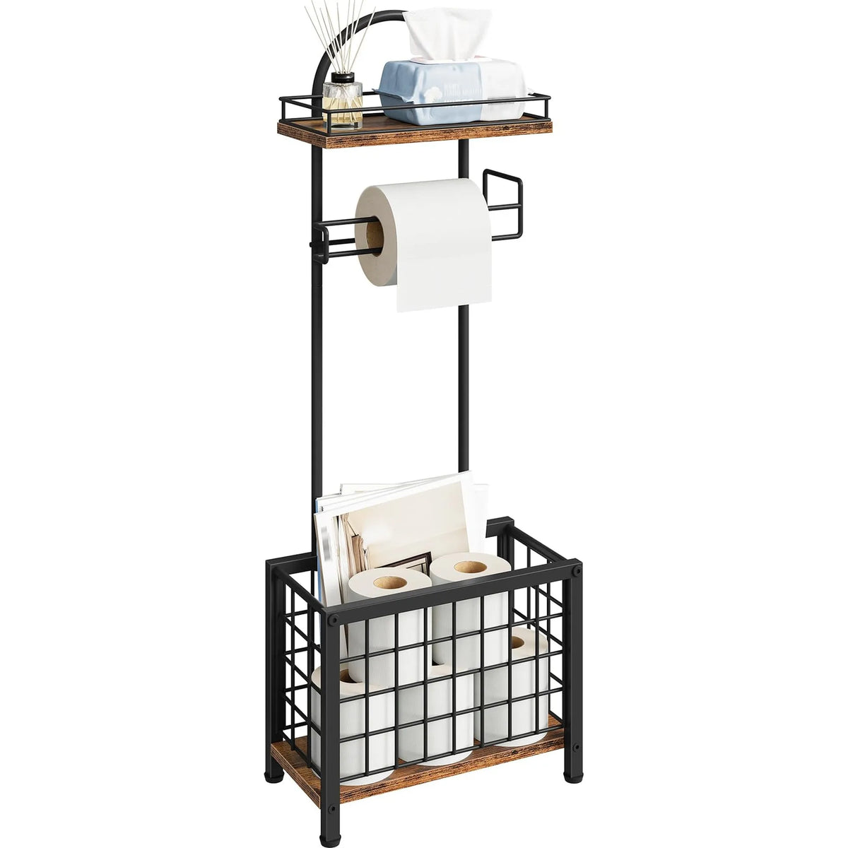 Freestanding 3-Tier Bathroom Toilet Paper Holder With Shelf And Basket