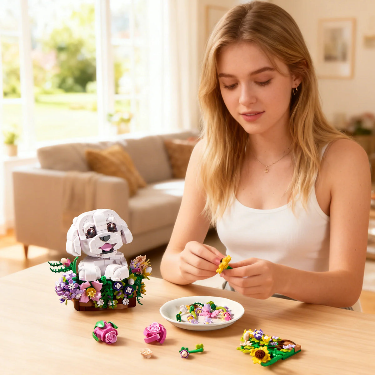 BuildMoc Adorable Dogs Bouquet Succulent Building Blocks Set For Kids