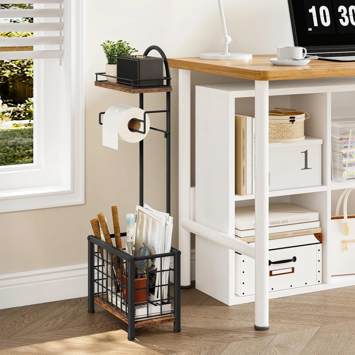 Freestanding 3-Tier Bathroom Toilet Paper Holder With Shelf And Basket