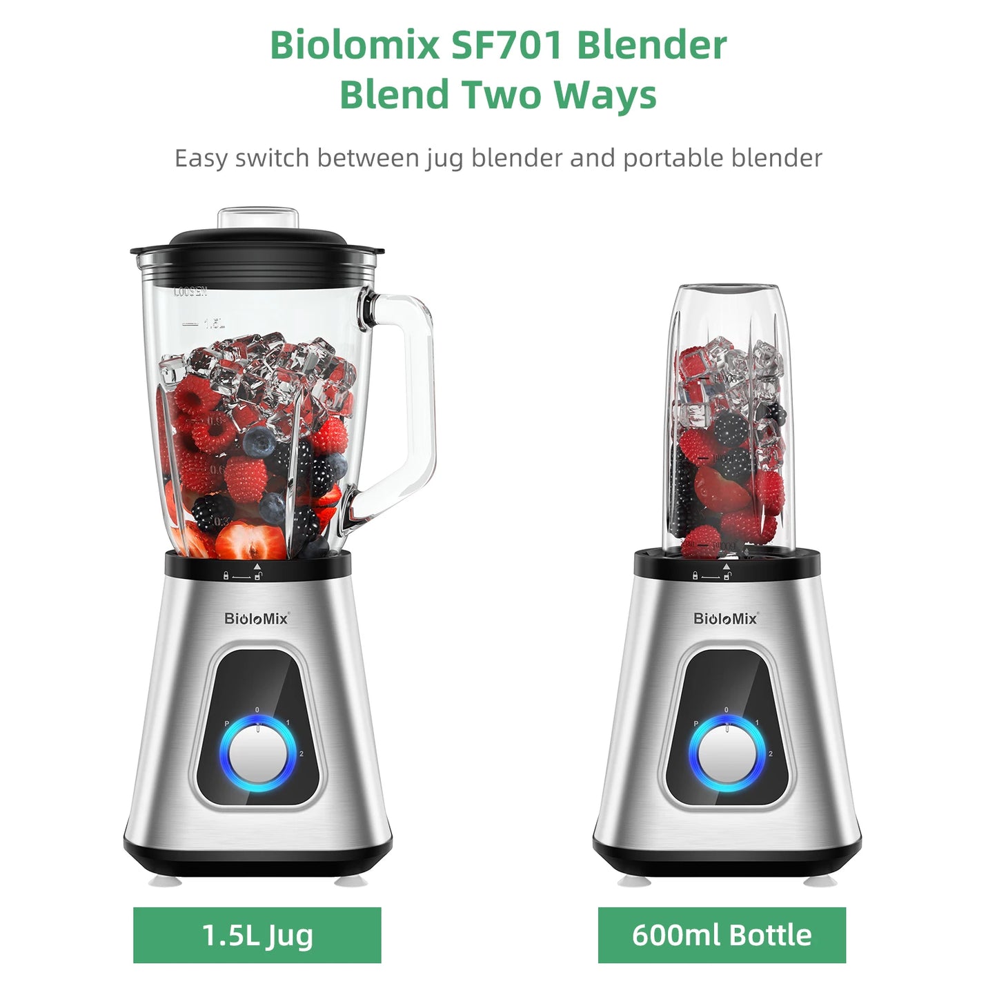 Biolomix 1300W Smoothie Blender With Glass Jar And Ice Crushing
