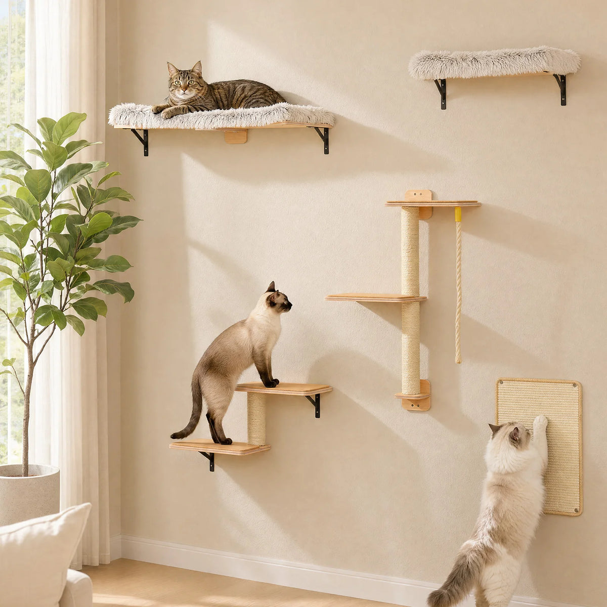 PAWZ Road Wooden Cat Wall Climbing Shelves With Sisal Ropes