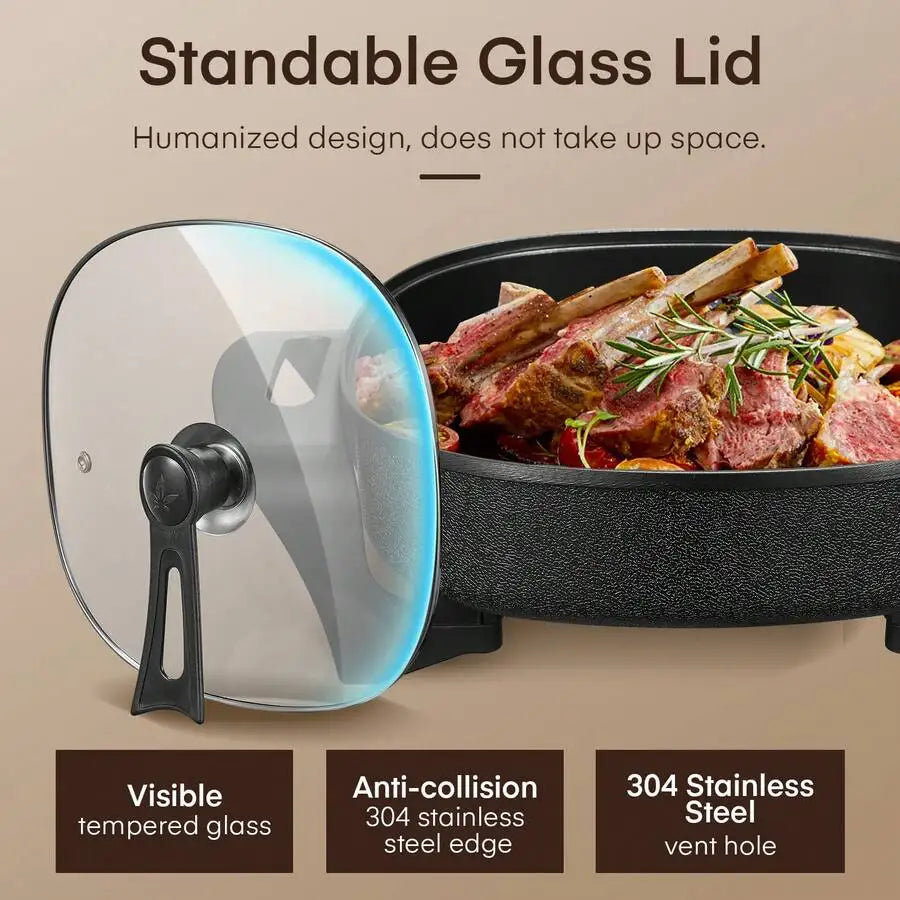 XMSJ Nonstick Electric Skillet With Glass Lid And Thermostat
