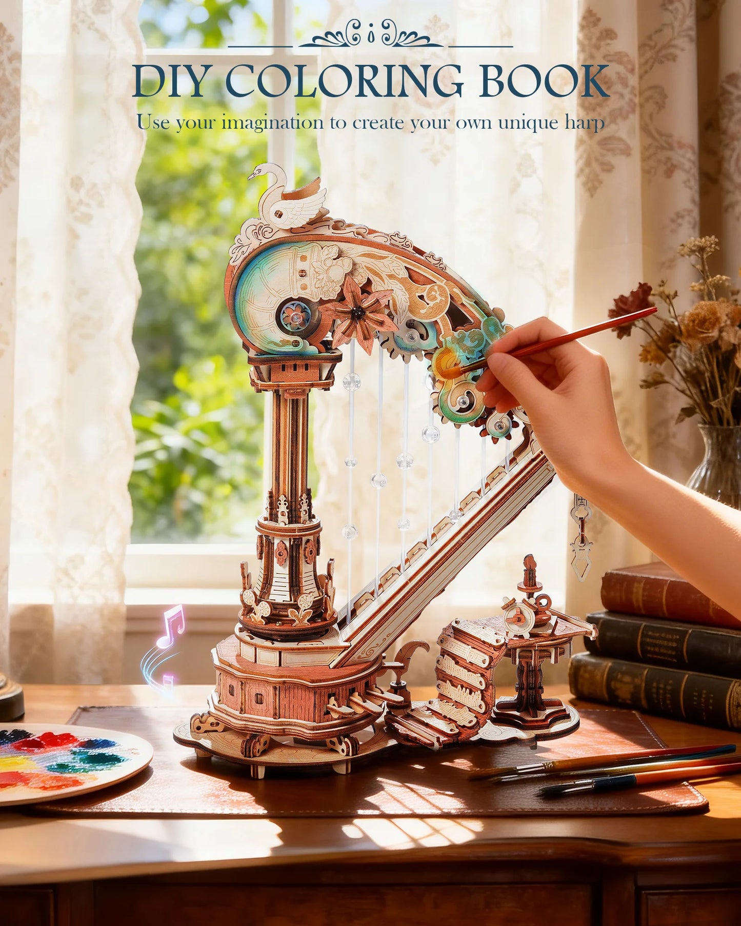 ROKR Magic Harp Music Box Wooden DIY Mechanical Puzzle Kit
