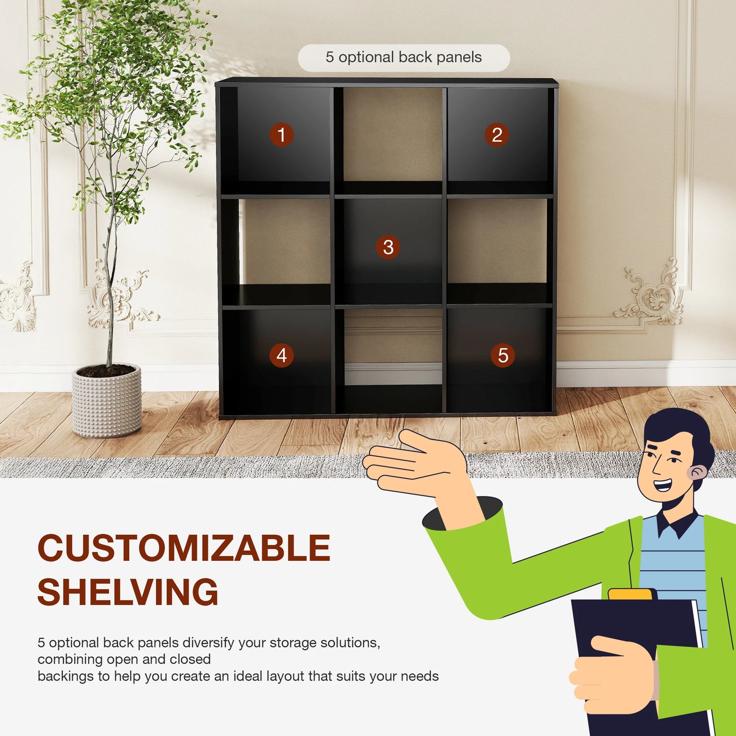 JHK Modern Wooden 9 Cube Storage Organizer Bookshelf